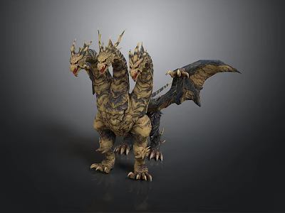 Monster Kidola four-headed dragon sci-fi creature metal scales glowing eyes movie character god beast 3d model