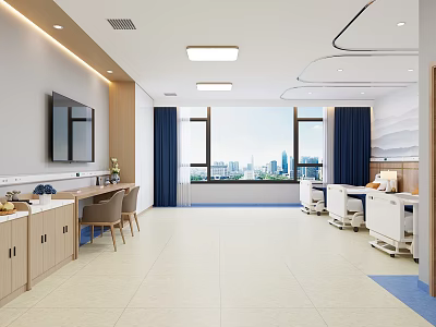 Modern Hospital Ward Interior With Blue Curtains Medical Beds And City View Windows 3d model