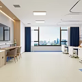 Modern Hospital Ward Interior With Blue Curtains Medical Beds And City View Windows