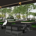 Outdoor Pergola with Comfortable Leather Seating Greenery and Building Background for Relaxation