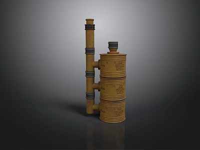 Yellow Cylindrical Mechanical Component With Multi Layered Rings Vertical Pipe And Black Connectors 3d model