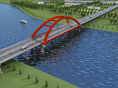 Red Arch Bridge Spanning River With Vehicles And Boat Surrounded By Green Grass Trees 3d model
