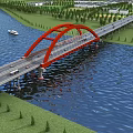 Red Arch Bridge Spanning River With Vehicles And Boat Surrounded By Green Grass Trees