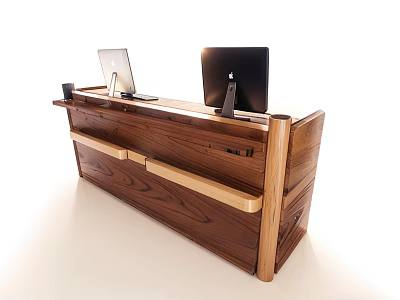 Solid Wooden Reception Desk With Two Computer Monitors And Light Wood Handles 3d model
