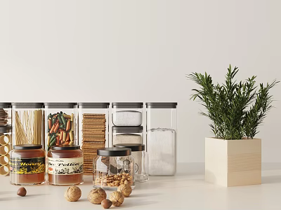 Stylish Spice Jars In Kitchen With Plant Decor And Storage 3d model