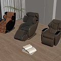 Three Comfortable Leather Massage Chairs In Brown And Gray With Wooden Floor And Open Book