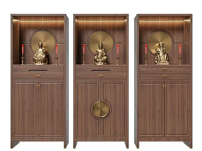 Chinese Style Wooden Buddhist Shrine Cabinets With Buddha Statues Red Decorations And Circular Ornaments 3d model