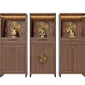 Chinese Style Wooden Buddhist Shrine Cabinets With Buddha Statues Red Decorations And Circular Ornaments