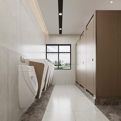 Modern Public Restroom Interior With Urinals Cubicles And Large Window 3d model