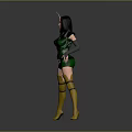 Game Movie Character In Green Black Outfit With Golden Long Boots And Horned Headpiece