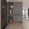Modern Interior Shoe Cabinet Design With White Gray Wooden Panels Open Shelf And Stone Wall