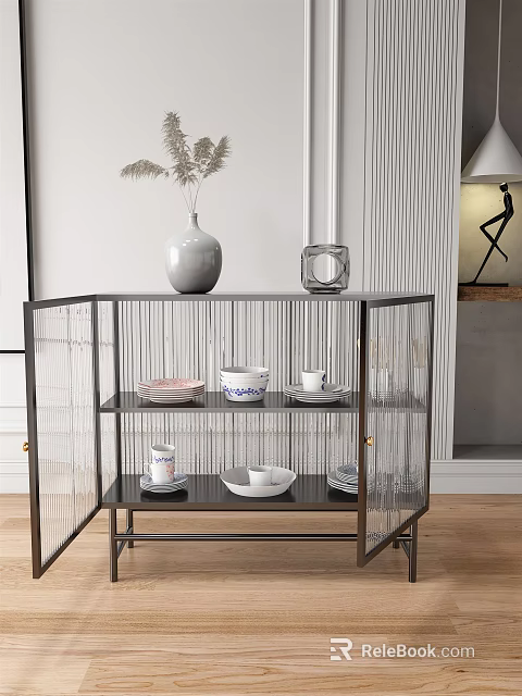 Modern Sideboard with Glass Doors Metal Frame Decorative Vase Plants Tableware in Contemporary Living Space 3d model 