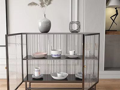 Modern Sideboard with Glass Doors Metal Frame Decorative Vase Plants Tableware in Contemporary Living Space 3d model