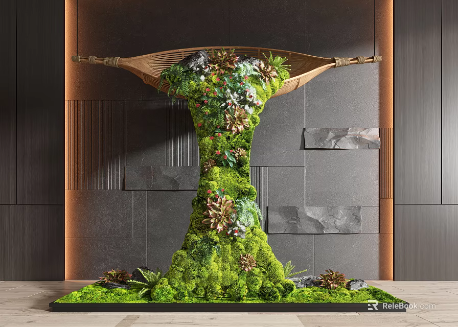 Indoor Landscape Featuring Lush Moss Plants On Dark Wall With Stone Slabs And Orange Lighting 3d model 