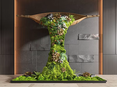 Indoor Landscape Featuring Lush Moss Plants On Dark Wall With Stone Slabs And Orange Lighting 3d model