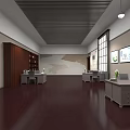 Spacious Public Office Space With Large Windows Desks Chairs Bookshelves And Wooden Flooring