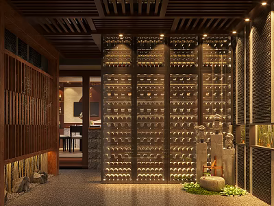 Traditional Chinese Restaurant Interior With Wooden Slat Ceiling Wine Rack Wall And Stone Elements 3d model
