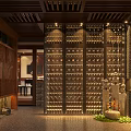 Traditional Chinese Restaurant Interior With Wooden Slat Ceiling Wine Rack Wall And Stone Elements