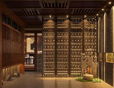 Traditional Chinese Restaurant Interior With Wooden Slat Ceiling Wine Rack Wall And Stone Elements 3d model