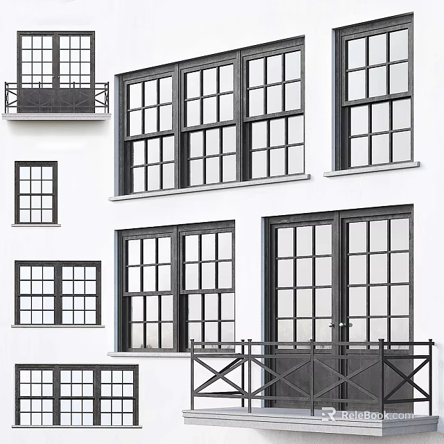 Modern Building Exterior Design Featuring Double Doors Black Framed Glass Windows And Balcony Railings 3d model 