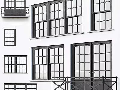 Modern Building Exterior Design Featuring Double Doors Black Framed Glass Windows And Balcony Railings 3d model