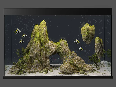 Beautiful Fish Tank With Dark Background Moss Covered Rock Formations And Small Swimming Fish 3d model