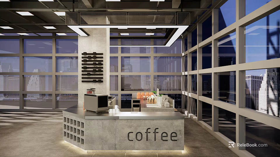 Modern Café Interior With Concrete Bar Counter Coffee Sign Wall Mounted Shelves And Large Windows 3d model 