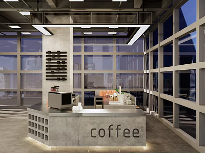 Modern Café Interior With Concrete Bar Counter Coffee Sign Wall Mounted Shelves And Large Windows 3d model