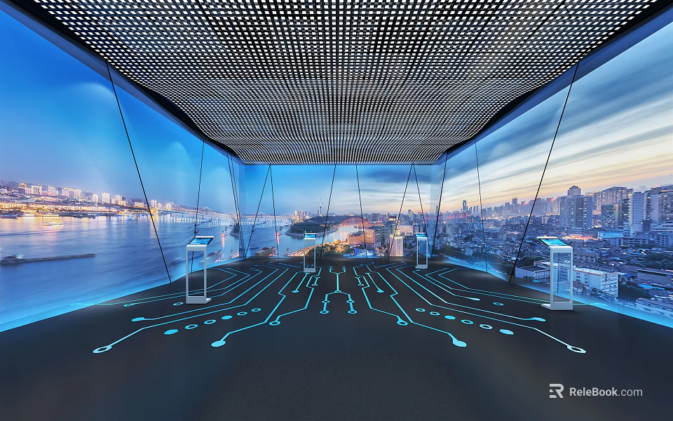 Modern Tech Inspired Interior With Grid Ceiling Blue Lighting City River View And Display Stands 3d model 