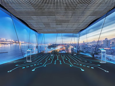 Modern Tech Inspired Interior With Grid Ceiling Blue Lighting City River View And Display Stands 3d model