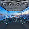 Modern Tech Inspired Interior With Grid Ceiling Blue Lighting City River View And Display Stands 3d model