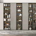 Modern Bookcase Interior With Vertical Stripes And Books Decorations Vases Wine Bottles