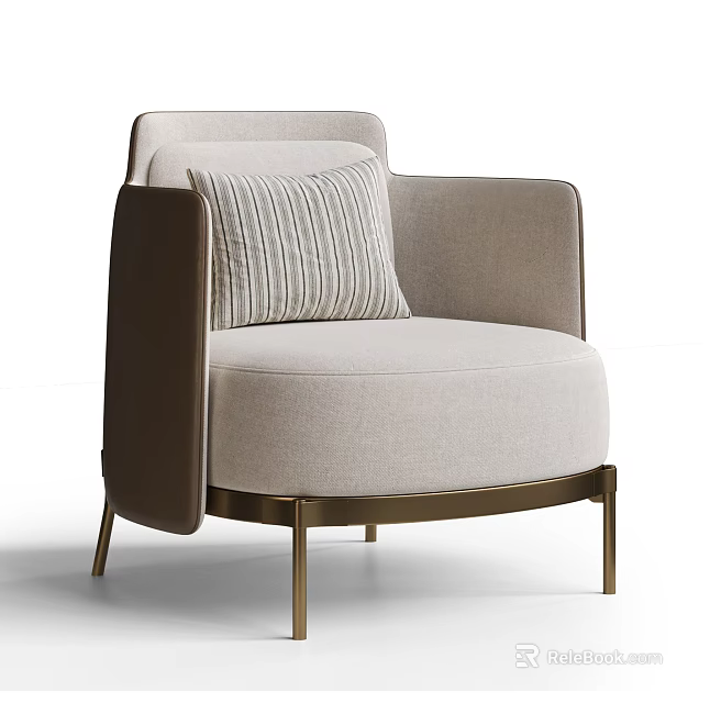 Modern Leisure Chair With Beige Fabric Upholstery Brass Metal Legs And Striped Pillow 3d model 