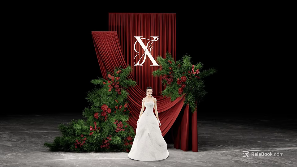 Floral Installation with Red Curtain White X Red Berries Green Foliage and White Wedding Dress 3d model 