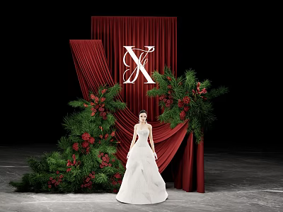 Floral Installation with Red Curtain White X Red Berries Green Foliage and White Wedding Dress 3d model