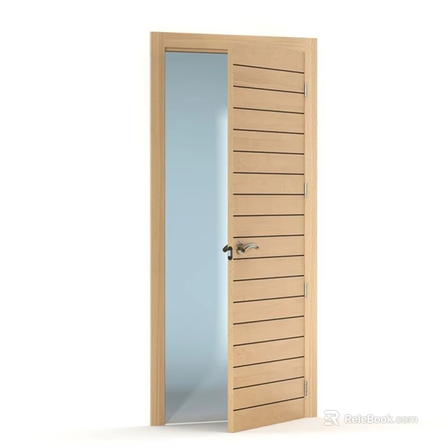 Natural Wooden Hinged Door With Vertical Slats And Metal Handle Design 3d model 