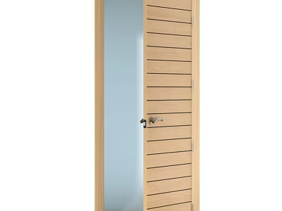 Natural Wooden Hinged Door With Vertical Slats And Metal Handle Design 3d model