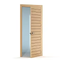 Natural Wooden Hinged Door With Vertical Slats And Metal Handle Design