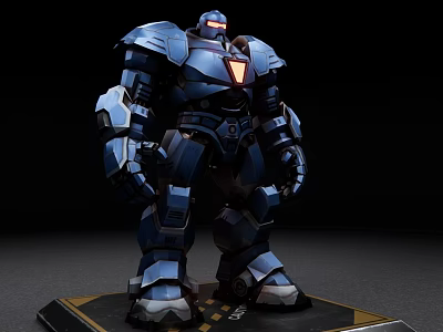 Smart Machine Blue Mech with Glowing Red Parts Standing on Black Platform 3d model