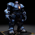 Smart Machine Blue Mech with Glowing Red Parts Standing on Black Platform
