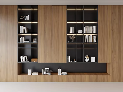 Modern Wooden Bookcase Interior Design With Layered Shelves Books And Decorative Items 3d model