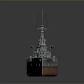 Vintage Battleship 3D Model With Turrets Masts And Crane On Water Surface