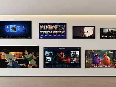 Multiple Wall Mounted TVs Displaying Various Movies Animations And Shows 3d model