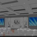 Event Stage With Large Screens Qingxin Pai Shui Background Landscape Paintings And Audience Seats