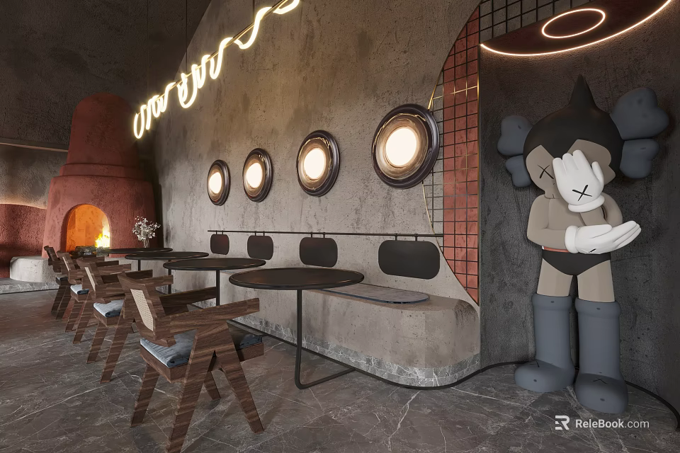 Bar Interior Design Featuring Industrial Style Neon Sign Round Windows Tables And Sculpture 3d model 