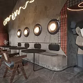 Bar Interior Design Featuring Industrial Style Neon Sign Round Windows Tables And Sculpture
