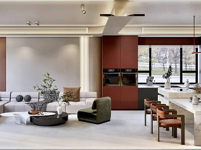 Modern Living Dining Area Design With Sofa Coffee Table Chairs Brown Cabinets And Large Windows 3d model