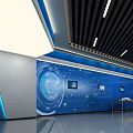 Modern Exhibition Hall Interior With Blue White Design Display Screens And Cabinets