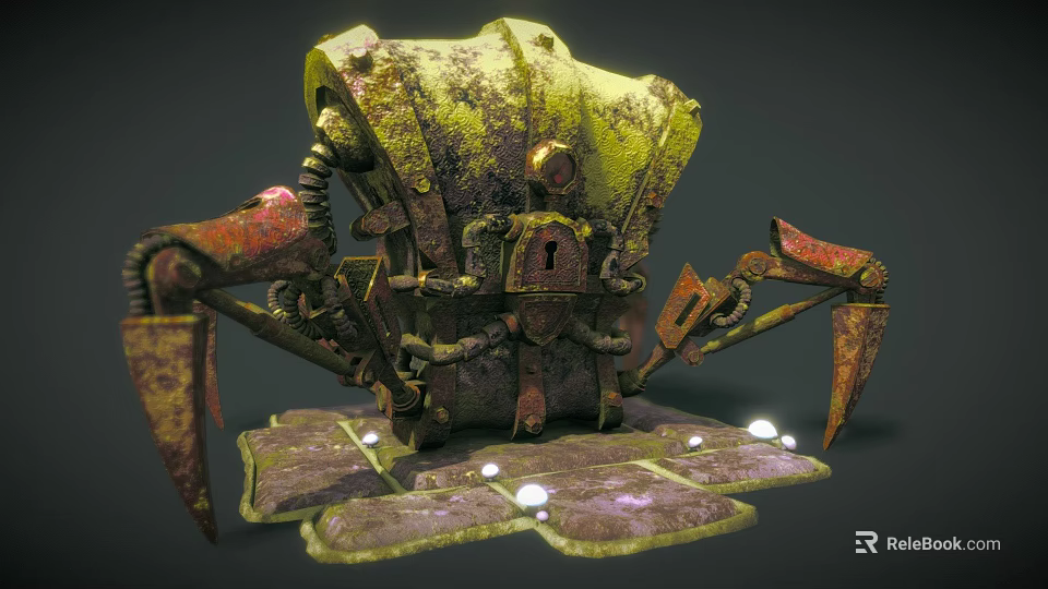 Rusted Mechanical Box With Crab Like Legs And Glowing Lights On Base 3d model