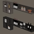 Modern Black Wall Mounted Wine Racks with Wine Bottles Glasses Decorative Jars and Potted Plant